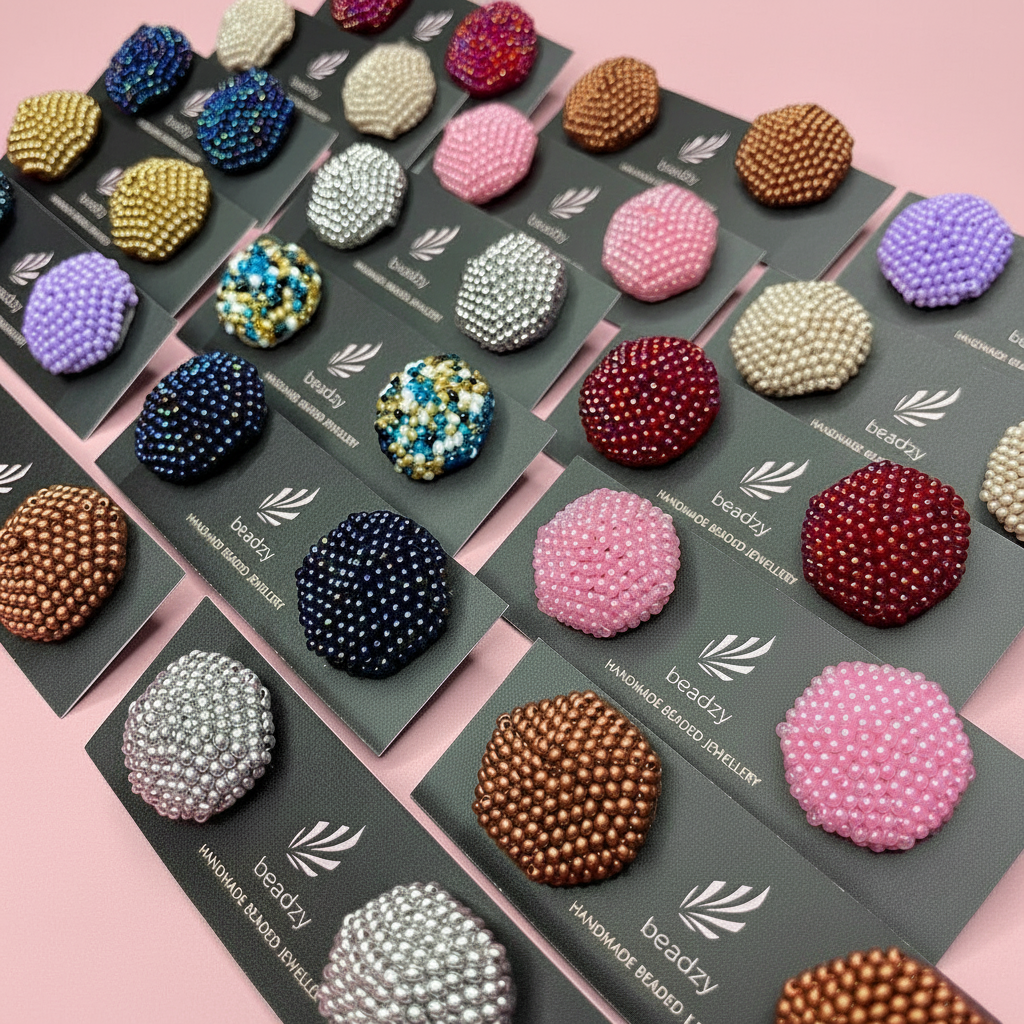 Collection of beaded earrings on display cards with 'Beadzy' branding. - Beadzy