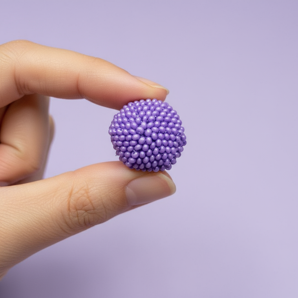 Hand holding a purple ball made of small beads against a light purple background - Beadzy