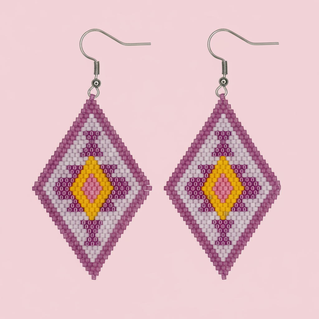 Diamond-shaped beaded earrings with purple and yellow pattern on a pink background - Beadzy