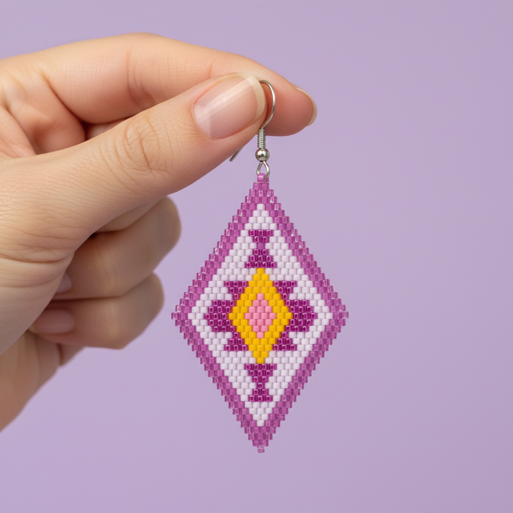 Hand holding a beaded diamond-shaped earring against a purple background - Beadzy