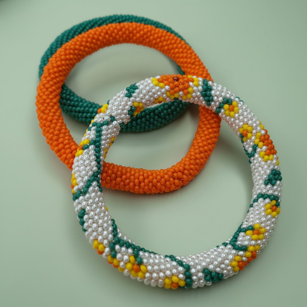 Three beaded bracelets, one orange, one green, the other white with colorful beads, on a light green background. - Beadzy