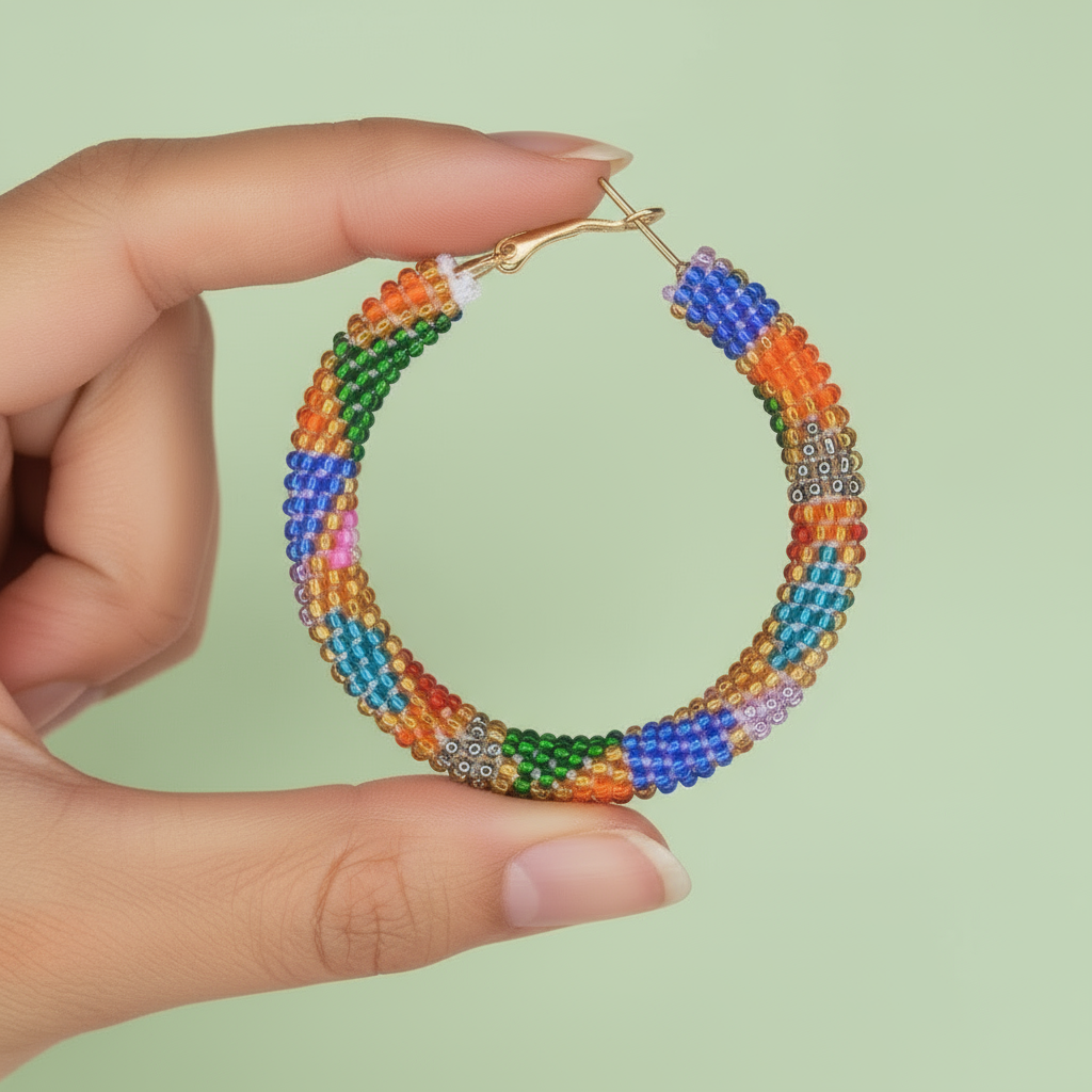 Colorful beaded hoop earrings held by a hand against a light green background - Beadzy