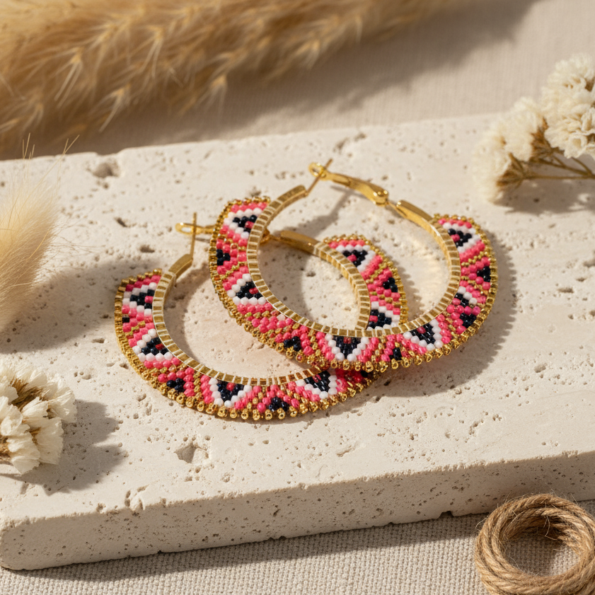 Beaded hoop earrings on a textured surface with dried flowers and twine. - Beadzy