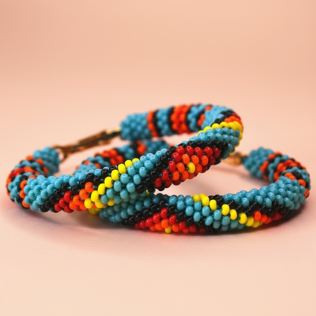 Colorful tribal beaded hoop earrings on a pink background - Beadzy