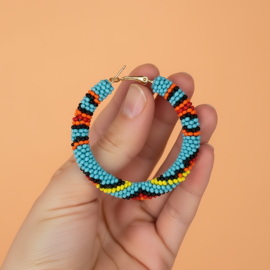 Colorful beaded hoop earring held in a hand against an orange background - Beadzy