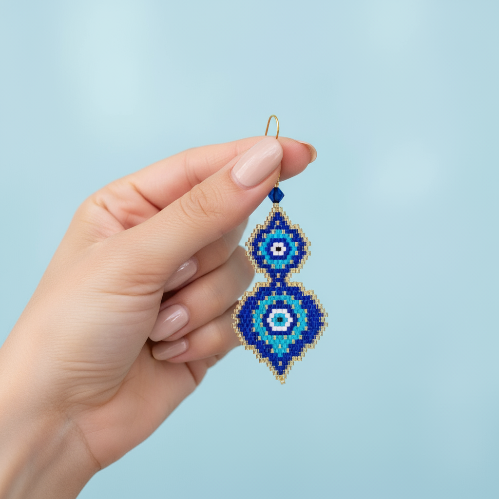 Hand holding a blue evil eye beaded earring against a light blue background- Beadzy