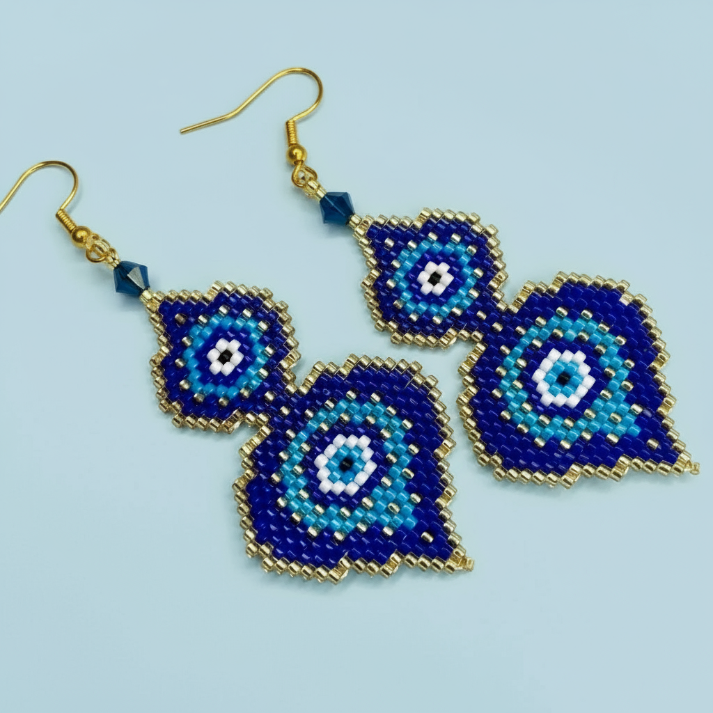 Blue and gold evil eye beaded earrings on a light blue background - Beadzy