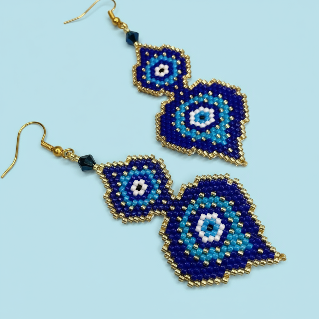 Evil eye Beaded earrings with blue and gold design on a light blue background - Beadzy