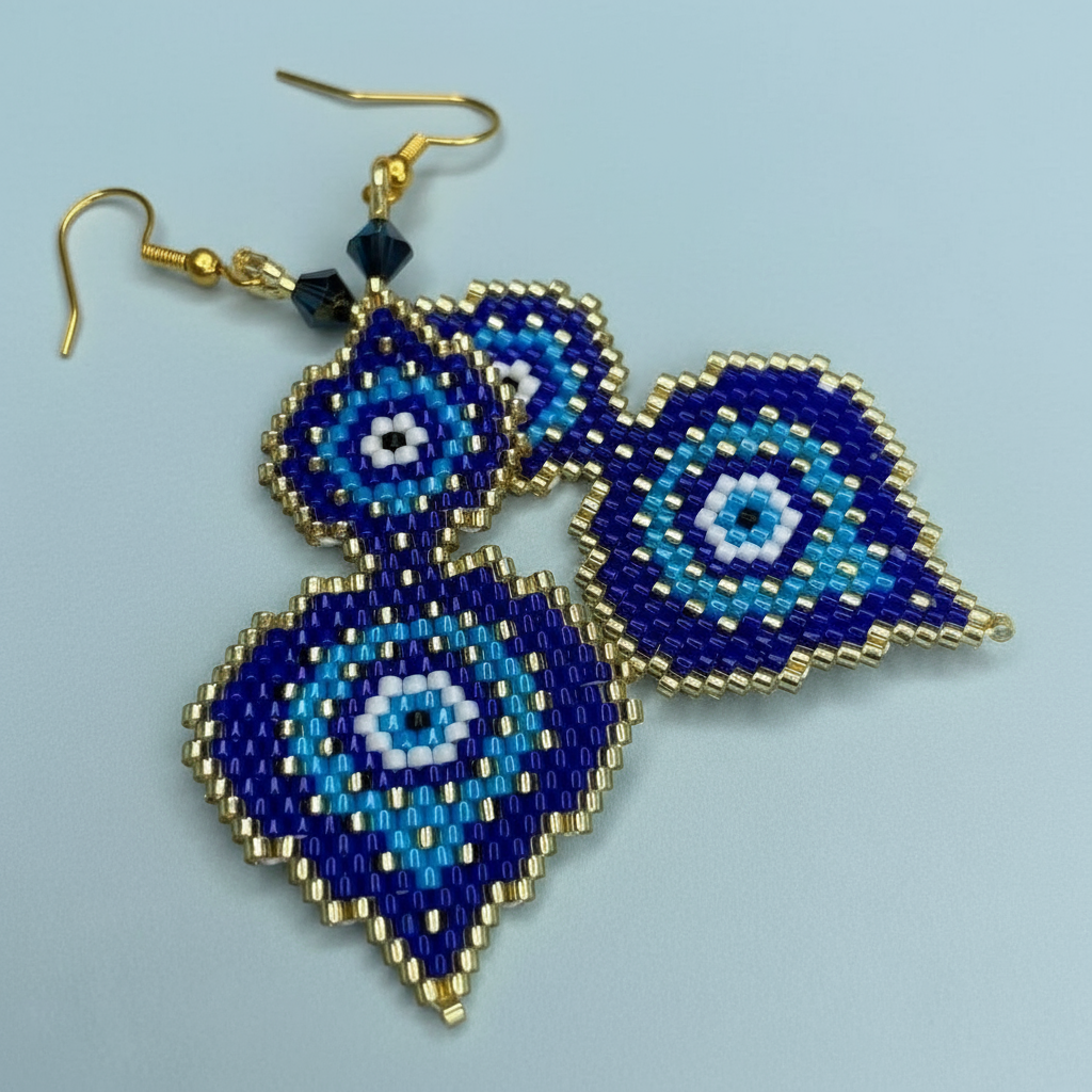 Blue and gold evil eye beaded earrings on a light blue background - Beadzy