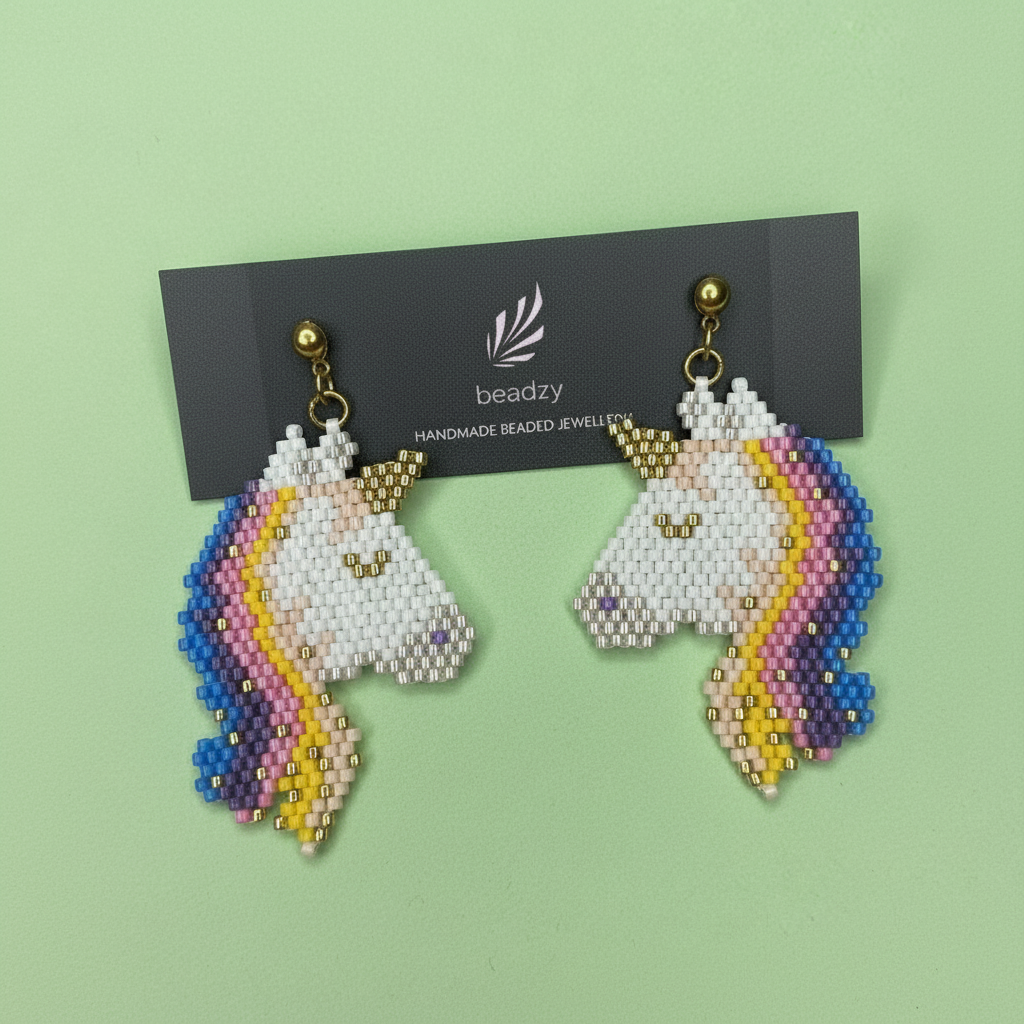 Unicorn-shaped beaded earrings on a 'beadzy' branded card against a green background