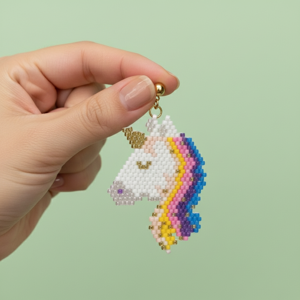 Hand holding a beaded unicorn beaded earrings with a rainbow-colored mane against a light green background - Beadzy