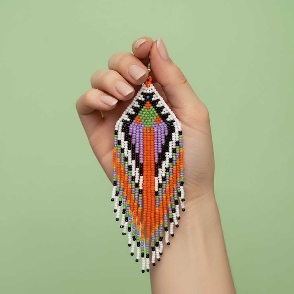 Hand holding a orange beaded tassel earring with a green background - Beadzy