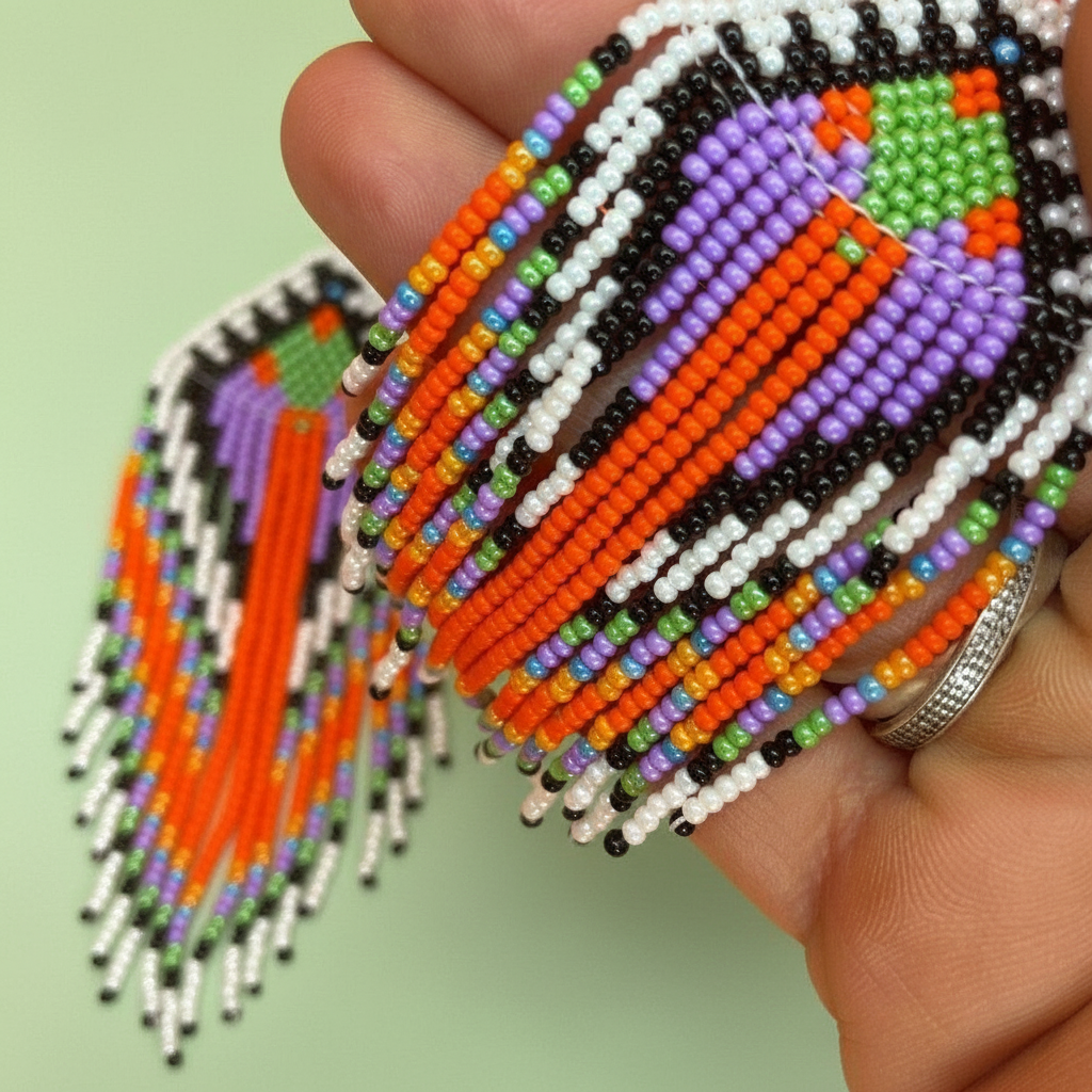Beaded earrings with colorful patterns held by a hand against a light green background - Beadzy