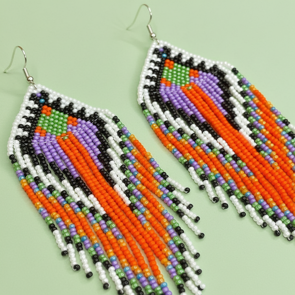 Beaded tassel earrings with orange, purple, and black beads on a light green background - Beadzy