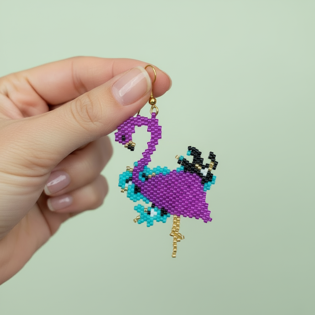 Hand holding a beaded flamingo earring against a light green background - Beadzy