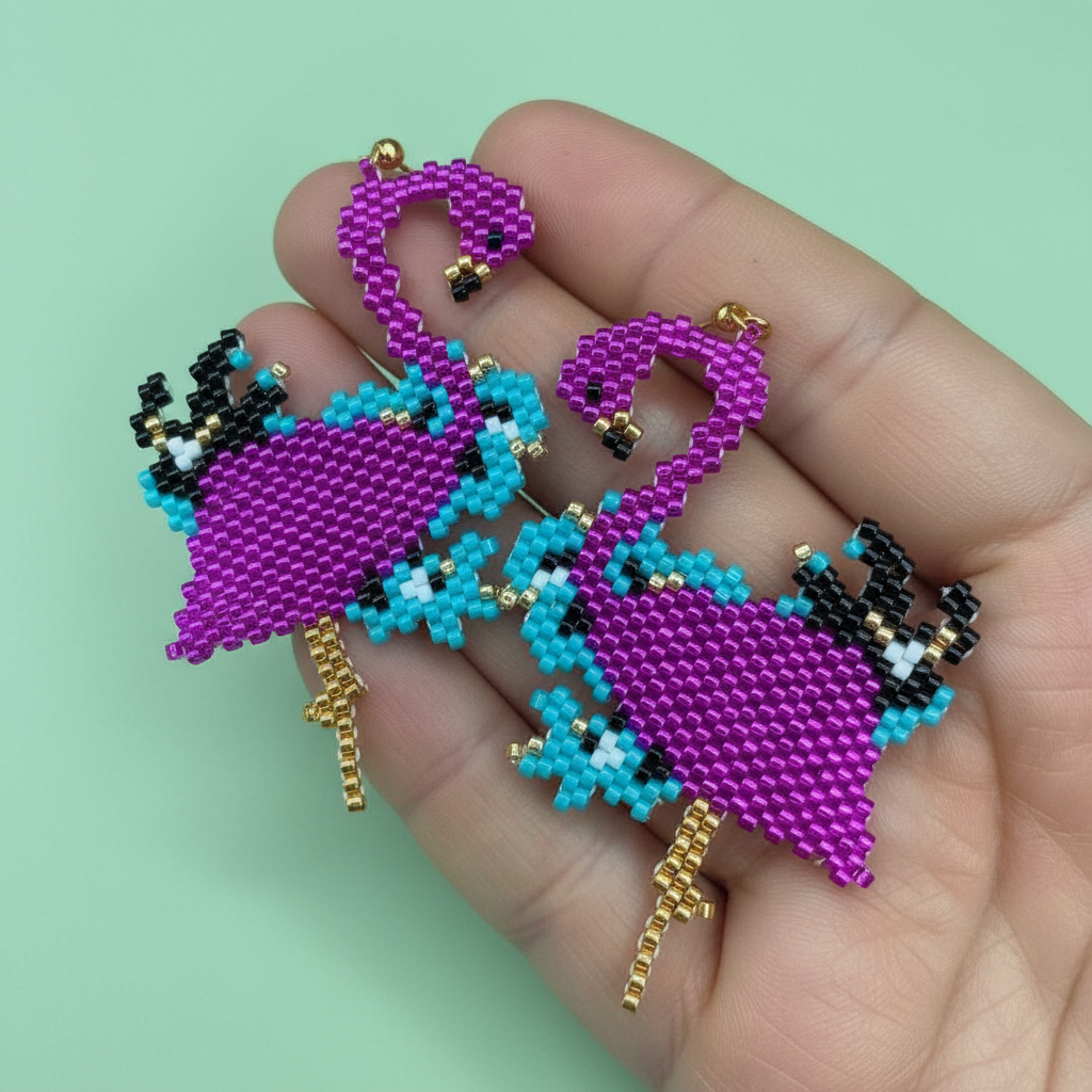 Hand holding two purple and turquoise beaded flamingo earrings against a light green background - Beadzy