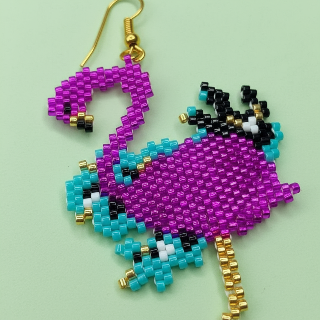 Beaded flamingo earrings on a light green background - Beadzy