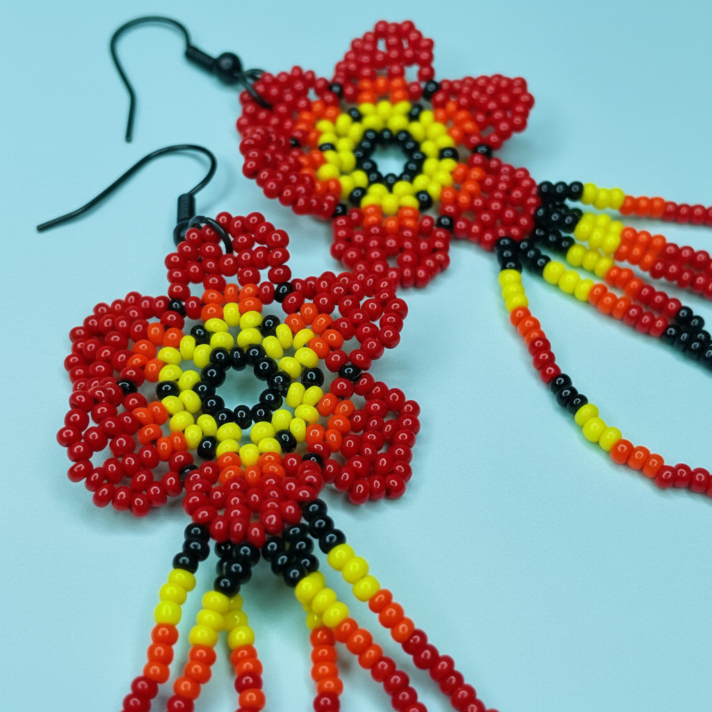 Pair of flower beaded earrings with red, yellow, and black colors on a light blue background - Beadzy