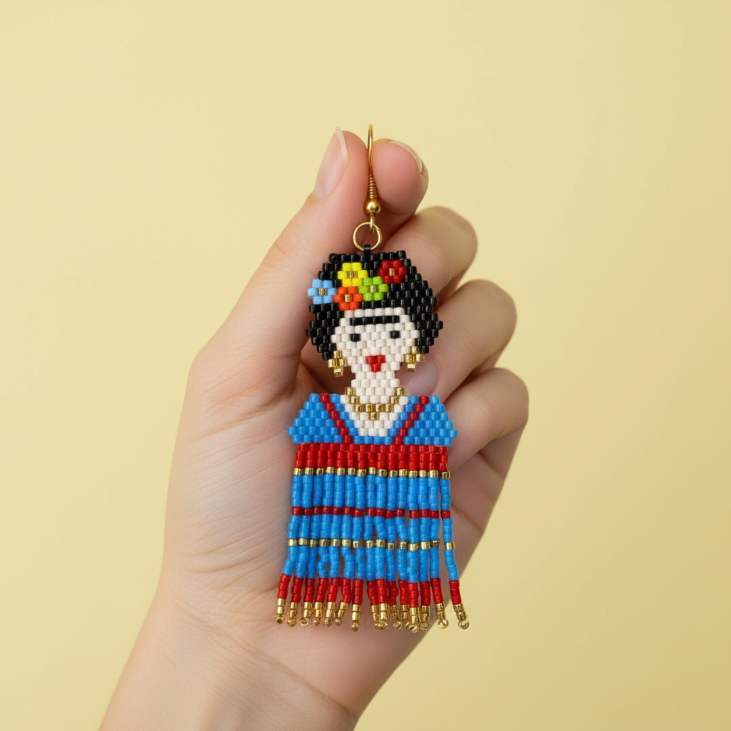 Hand holding a Frida beaded earring with a colorful design against a yellow background