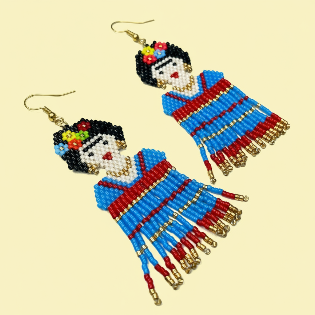 Frida Beaded earrings shaped like dolls with colorful dresses on a beige background - Beadzy