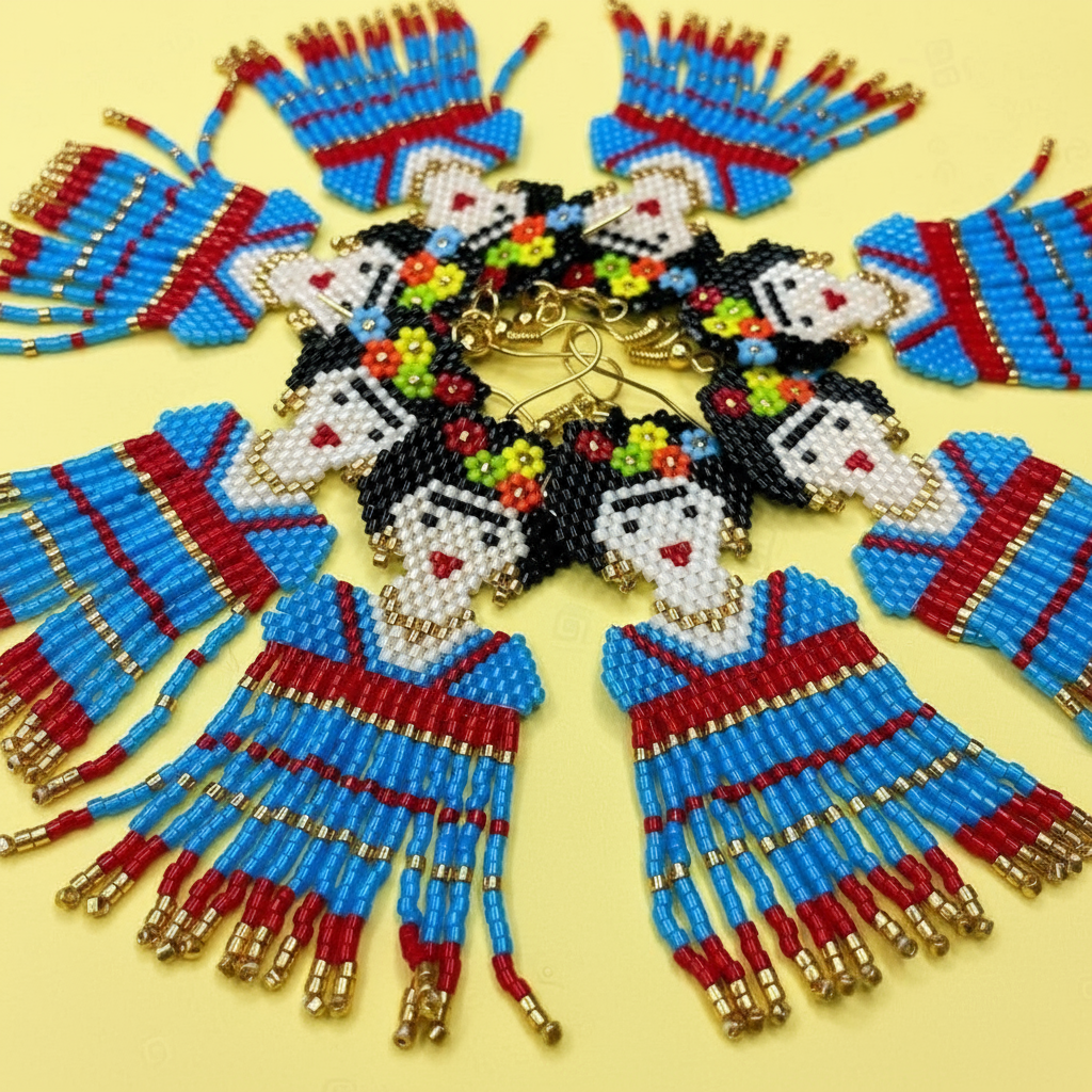 Colorful beaded Frida earrings on a yellow background - Beadzy