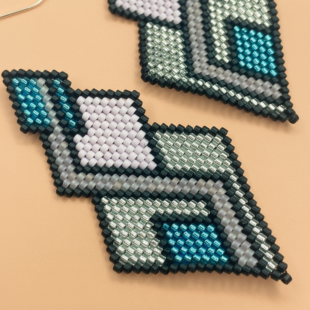 Beaded earrings with geometric design on a beige background - Beadzy