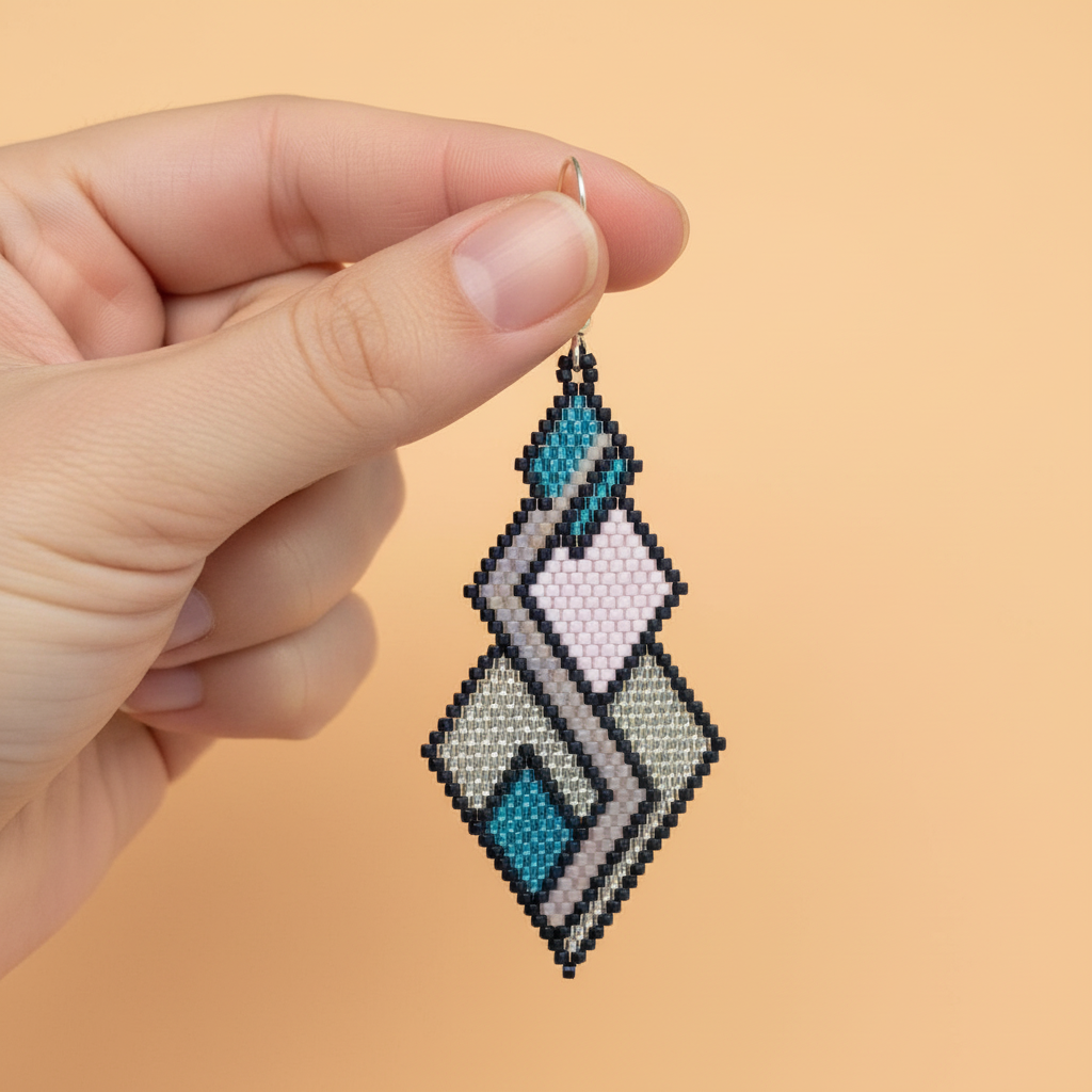 Hand holding a geometric beaded earring against a beige background - Beadzy