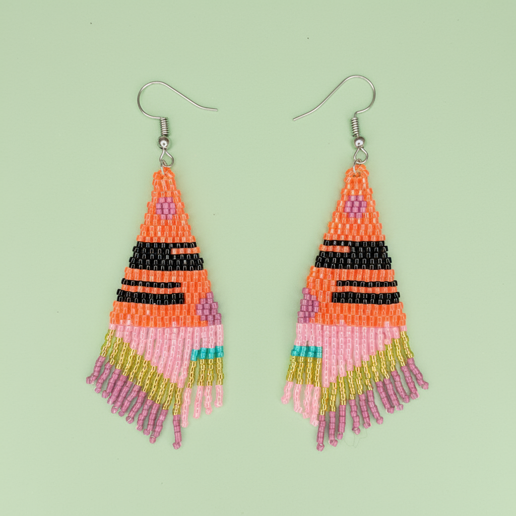 Colorful beaded earrings on a light green background - Beadzy