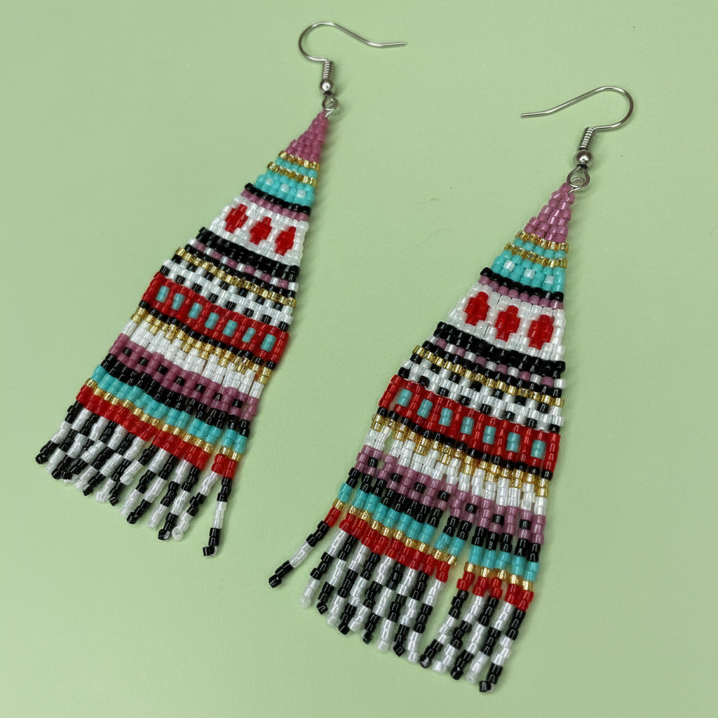 Colorful beaded earrings on a light green background - Beadzy
