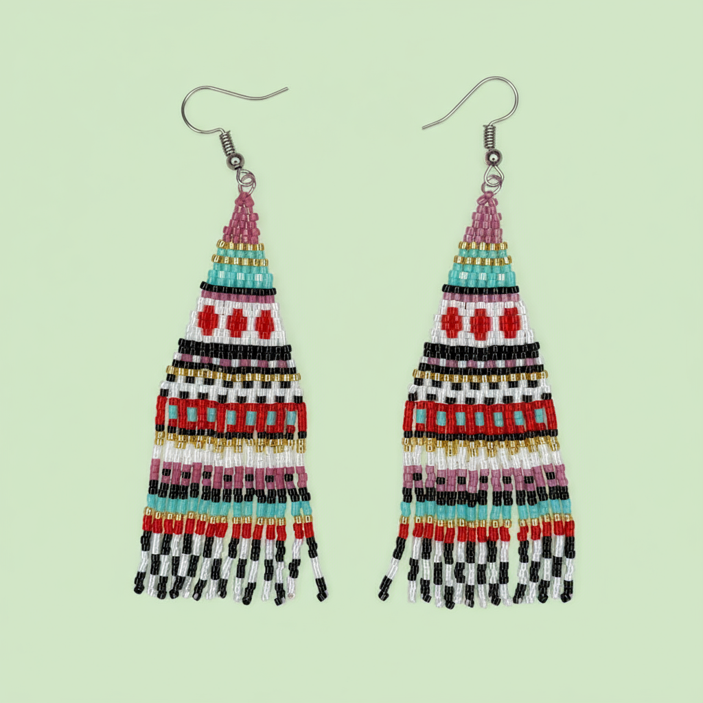 Colorful beaded earrings on a light green background - Beadzy