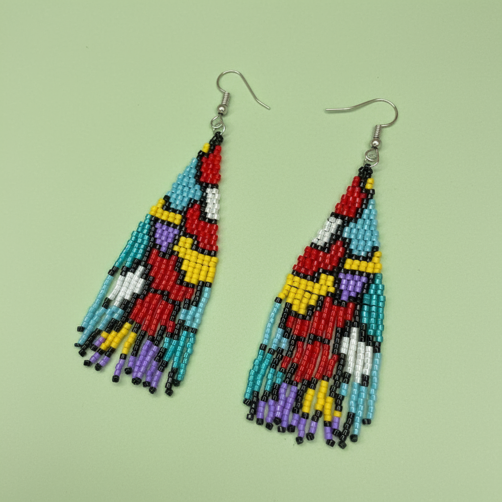 Colorful beaded earrings on a light green background - Beadzy