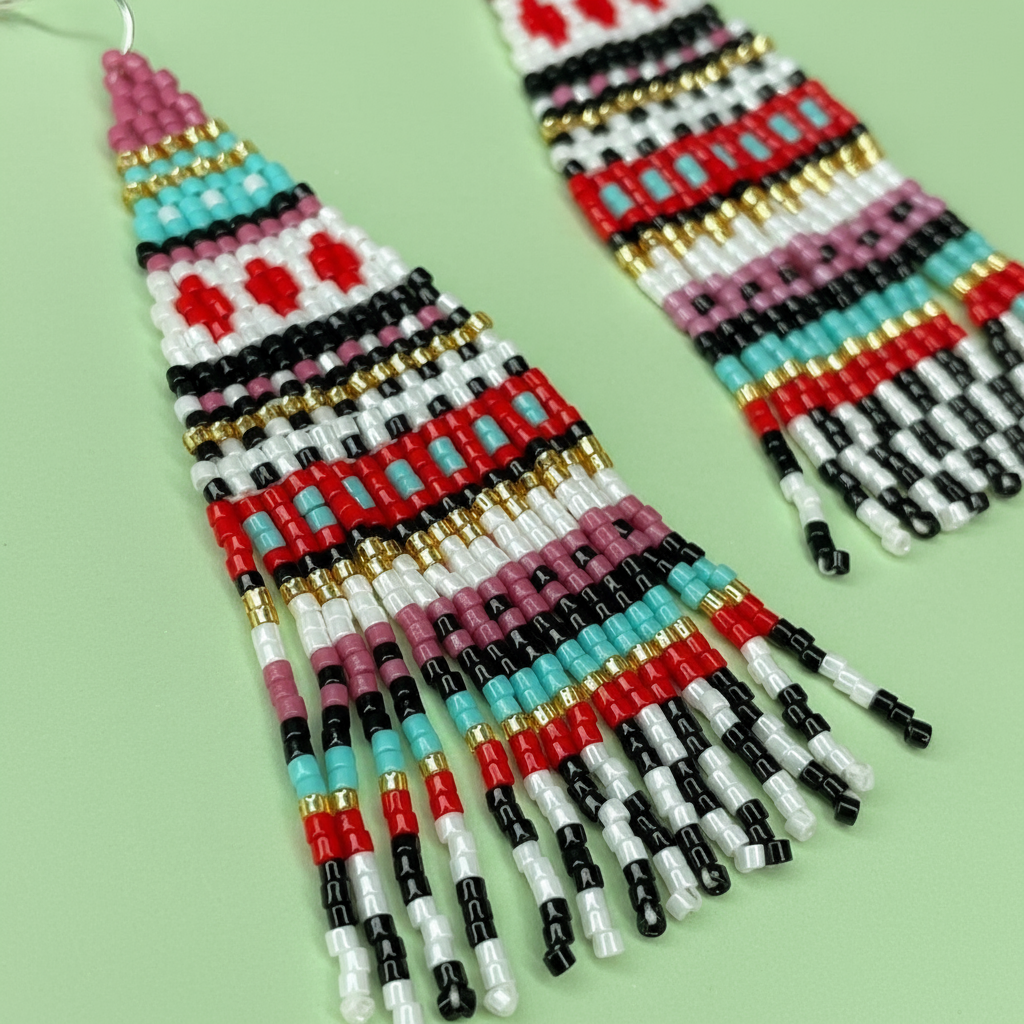 Colorful beaded earrings on a light green background - Beadzy