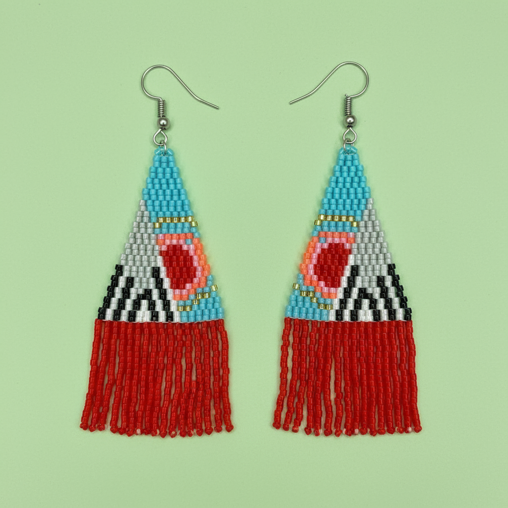 Beaded earrings with geometric design and red fringes on a green background - Beadzy