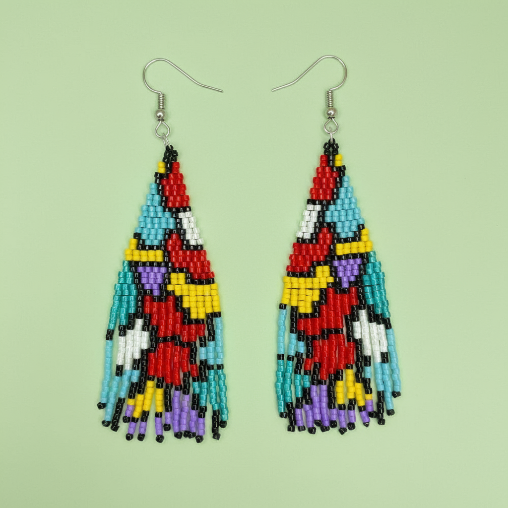 Colorful beaded earrings on a light green background - Beadzy