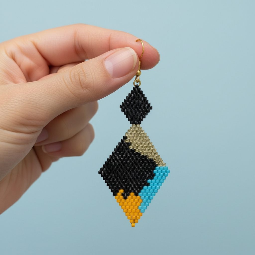 Hand holding a beaded earring with geometric design on a light blue background - Beadzy