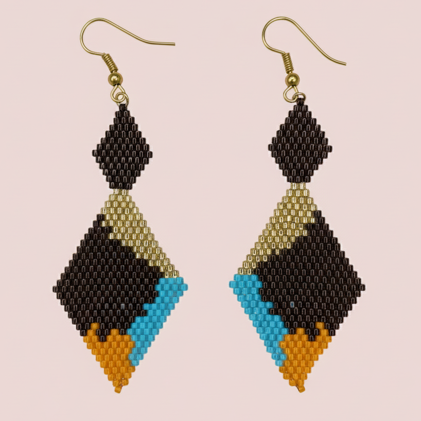 Pair of beaded earrings with geometric design on a pink background - Beadzy
