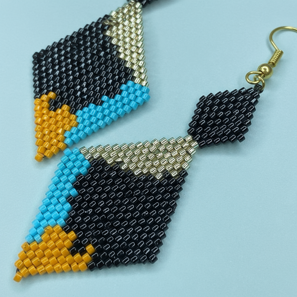 Beaded earrings with geometric design on a light blue background - Beadzy 