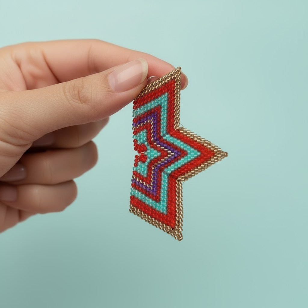 Hand holding a beaded star shaped red earrings against a green background - Beadzy