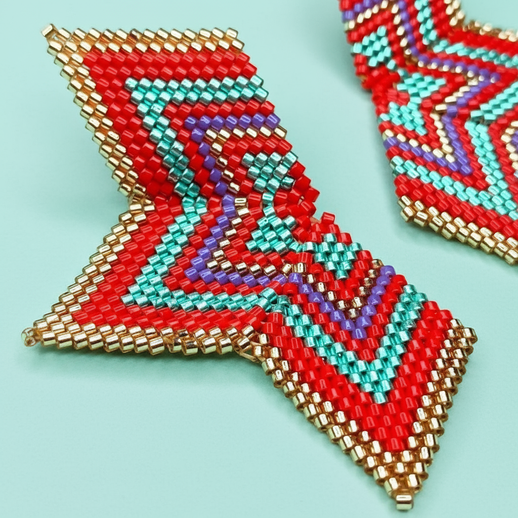Colorful red beaded earrings with geometric pattern on a light blue background - Beadzy
