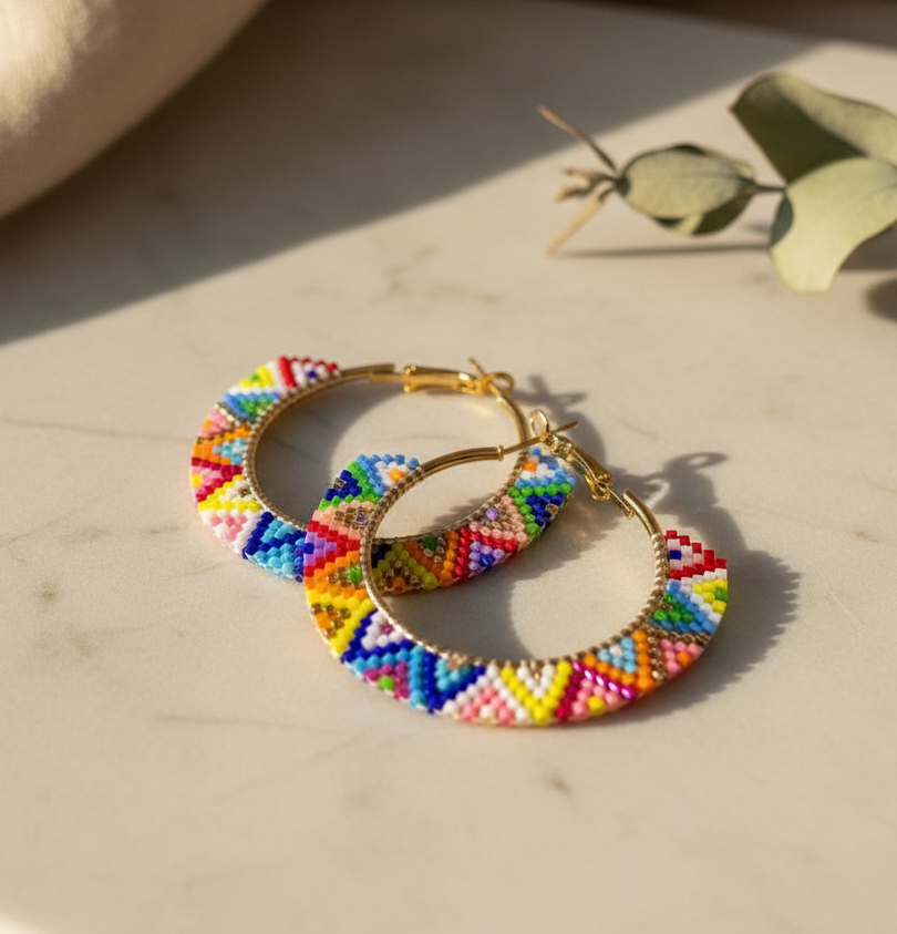 Colorful beaded hoop earrings on a light surface with a leaf in the background - Beadzy