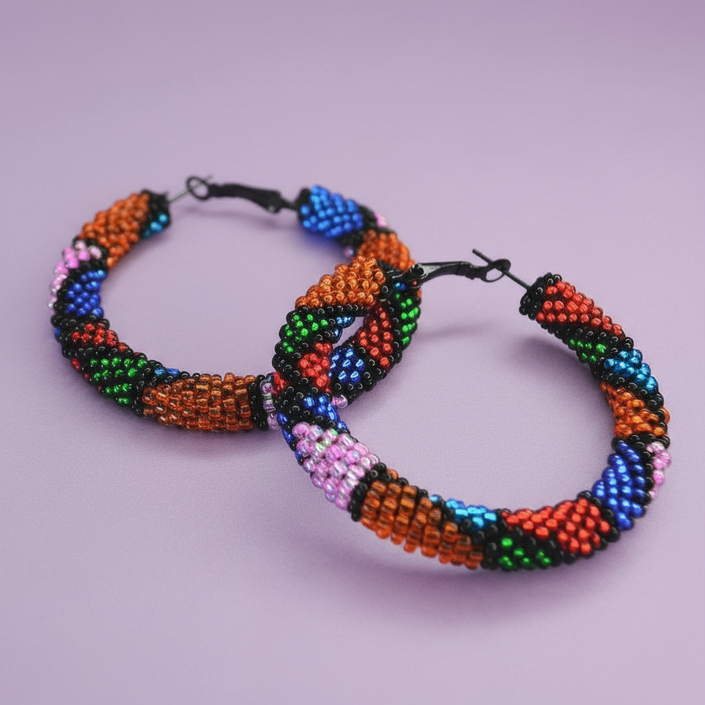 Colorful beaded hoop earrings on a light purple background - Beadzy