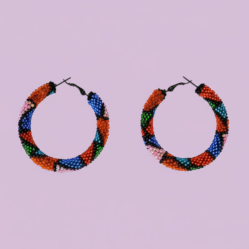 Colorful beaded hoop earrings on a light purple background - Beadzy