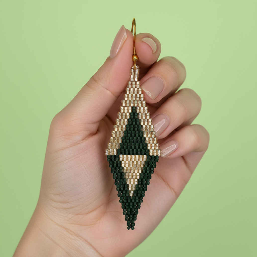 Hand holding a beaded earring with black and gold colors against a light green background - Beadzy