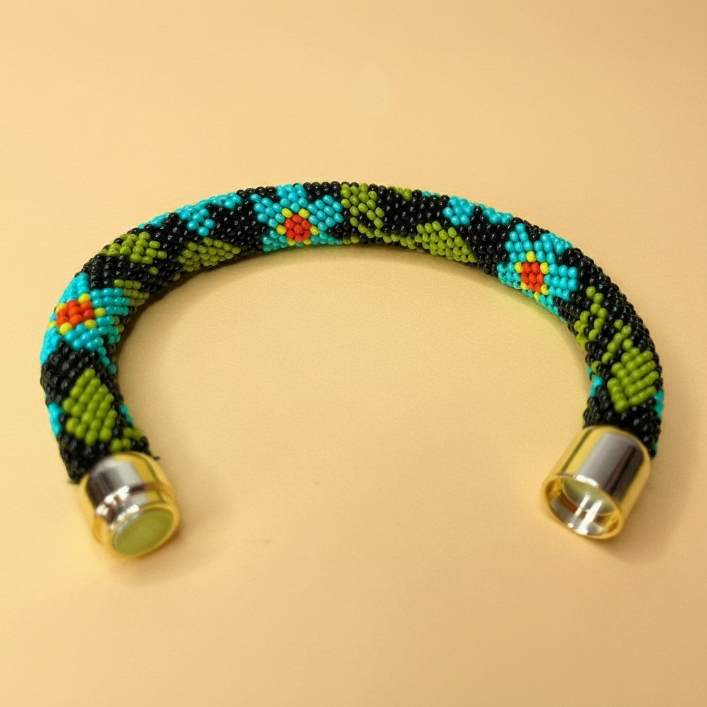 Beaded bracelet with colorful pattern on a beige background - Beadzy