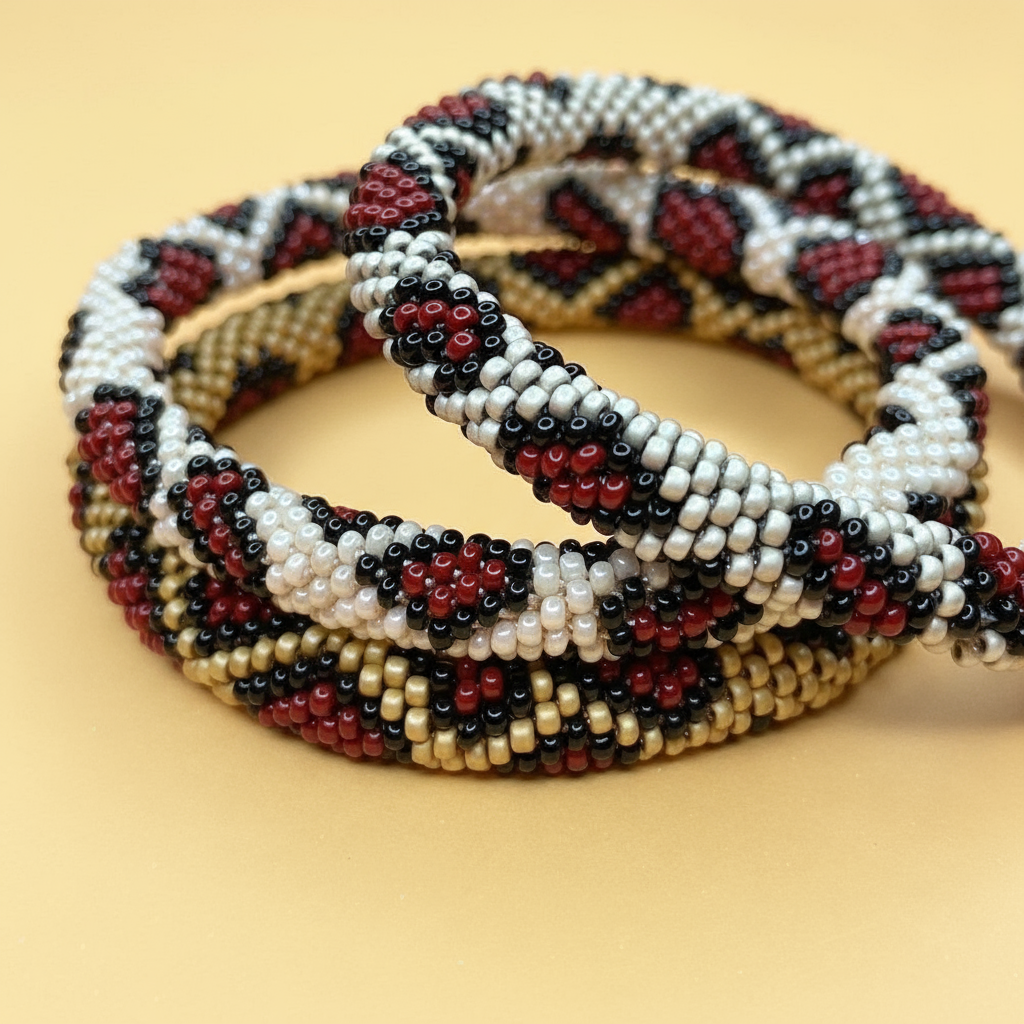 Beaded bracelet with brown, black, and beige leopard pattern on a yellow background - Beadzy