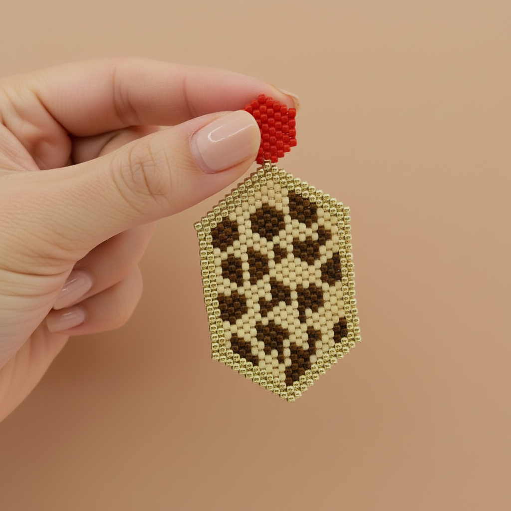 Hand holding a small beaded hexagonal earrings with a red dot on a pink background - Beadzy