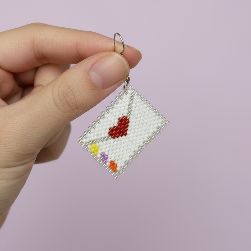 Hand holding a beaded envelope-shaped earrings against a light purple background - Beadzy