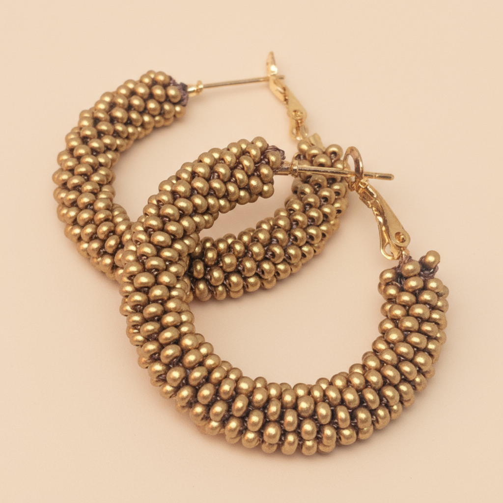 Gold beaded hoop earrings on a beige background - Beadzy