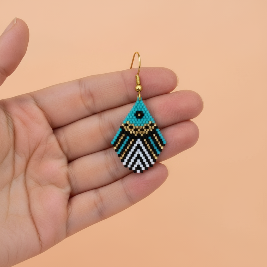 Green beaded earrings held in a hand against a peach background - Beadzy