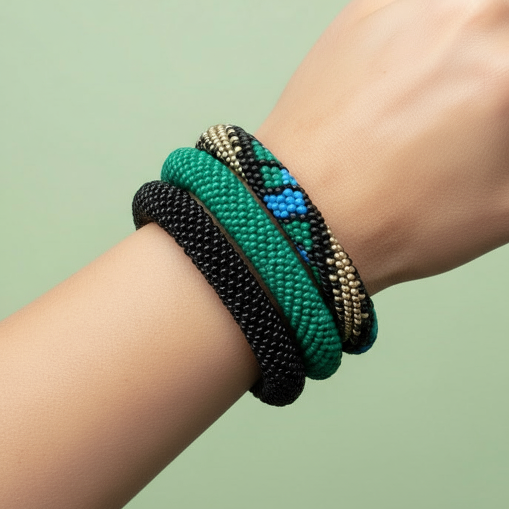 Close-up of a wrist wearing three colorful beaded bracelets on a green background - Beadzy